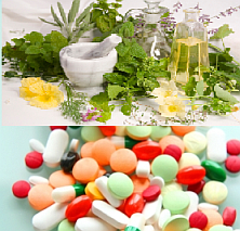 Photographs of pills, herbs and bottles